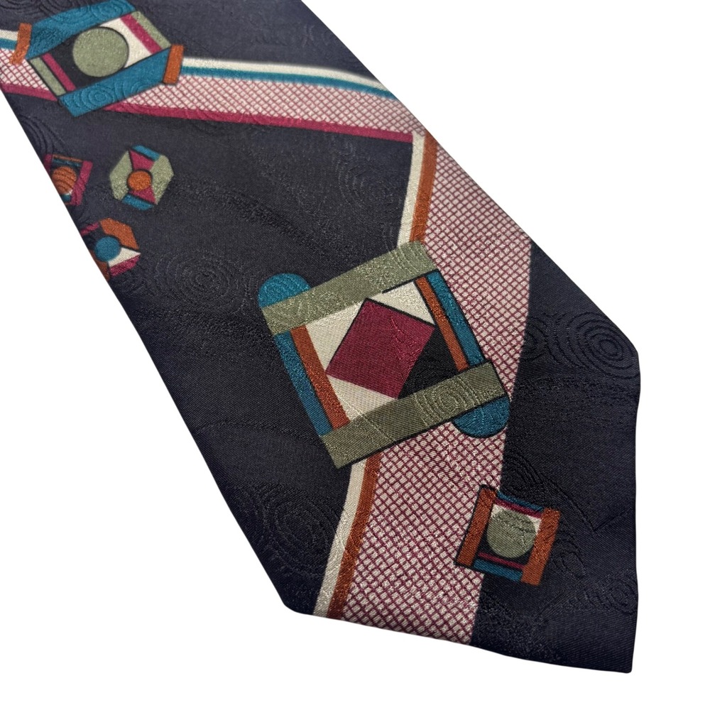 Bugatti Mens Silk Tie Navy Blue Geometric Abstract Italian Silk Necktie‎ 90s
